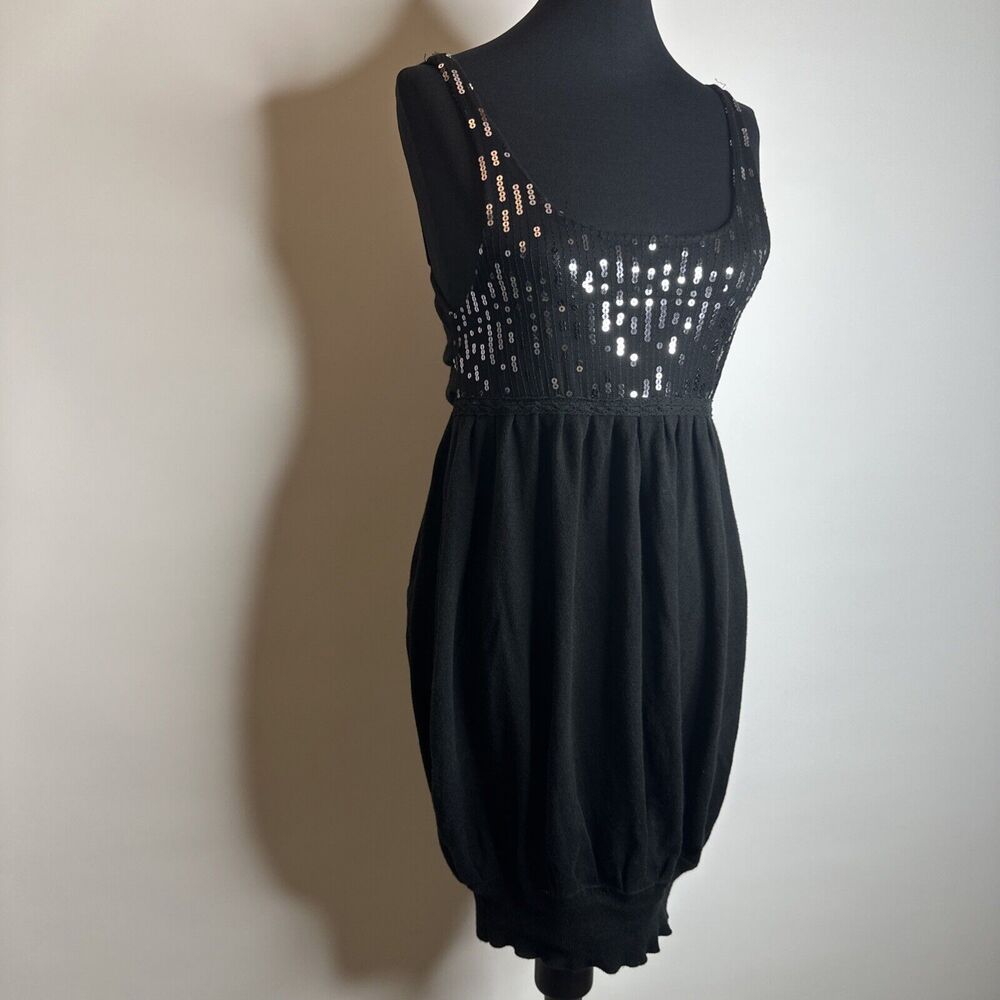 Vintage Say What Womens Large Black Sequin Mini Dress Bodycon Y2K Party READ